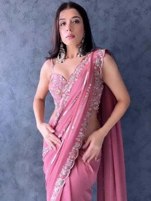 Designer One piece Baby Pink colored Silk Printed Saree