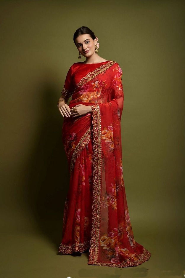 Engrossing Red Color Designer Soft Silk Sari With Heavy Work Border