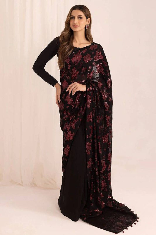 Ethnic Satin Silk Fancy Jacquard Black Georgie Lace Border Saree