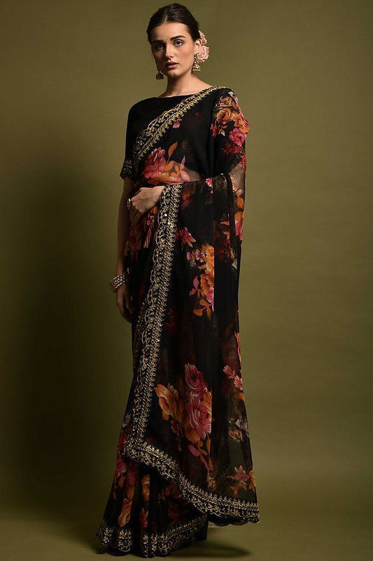 Engrossing Black Color Designer Soft Pure Organza printed saree for woven