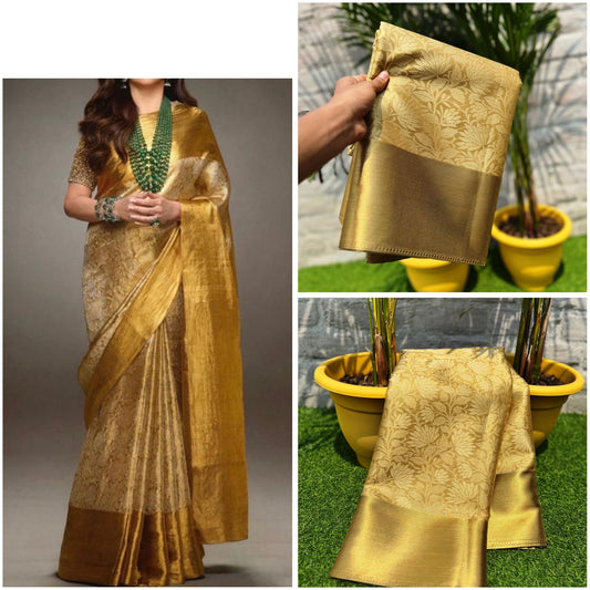 Pure Handwoven Organic Tissue Linen Saree with Tanchoi Zari Borderfor woven