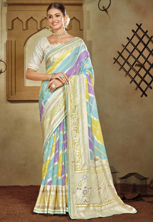 Geometric Woven Design Zari Organza Wedding Saree in Multicolor with Zari work