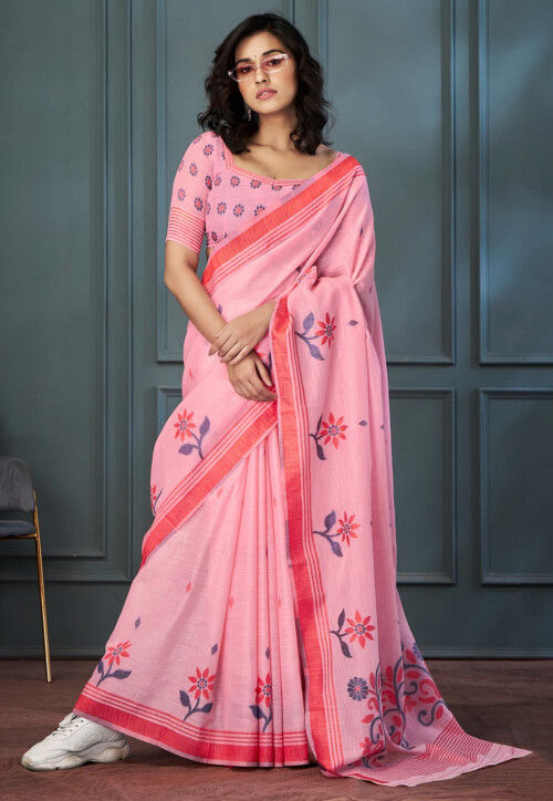 Linen Party Wear Printed work Saree with Contrast Border for woven