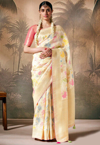 Silk Engagement Saree in with Weaving work for Patterns Cream Trendy Saree