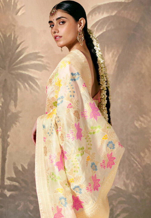 Silk Engagement Saree in with Weaving work for Patterns Cream Trendy Saree