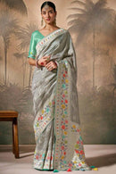 Awesome Grey Zari Weaving Silk Traditional Saree with Contrast  printed border