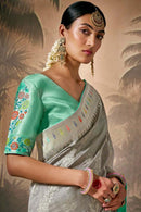 Awesome Grey Zari Weaving Silk Traditional Saree with Contrast  printed border