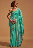 Unstitched Engaging Rama blue Banarasi Cotton Silk Saree collection