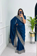 Designer Royal Blue colored Soft Printed  Saree For Woven