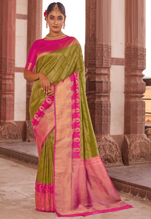 Floral Woven Design Zari Kanjeevaram Striped Silk Saree for Function Wear saree