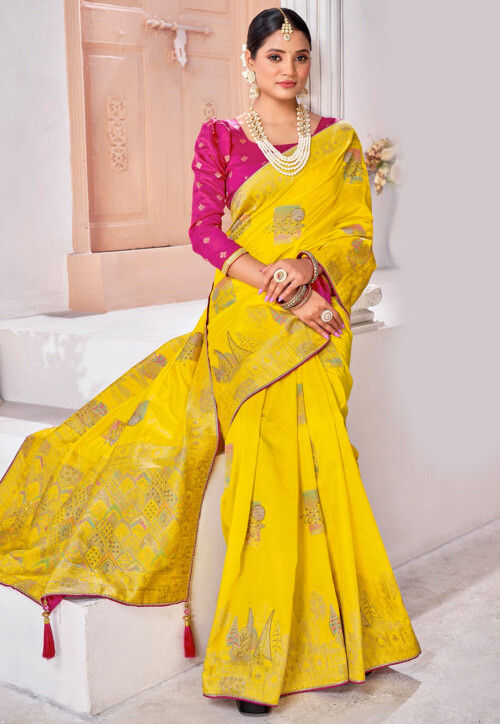 yellow Banarasi emrodairy silk Saree With thread work Blouse