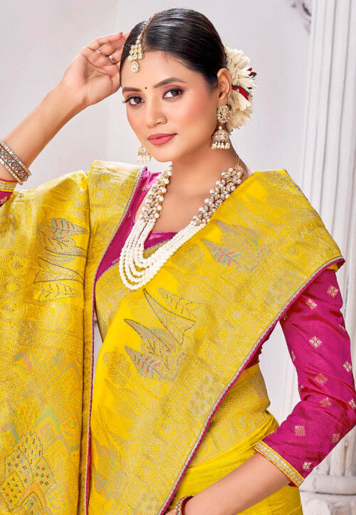 yellow Banarasi emrodairy silk Saree With thread work Blouse