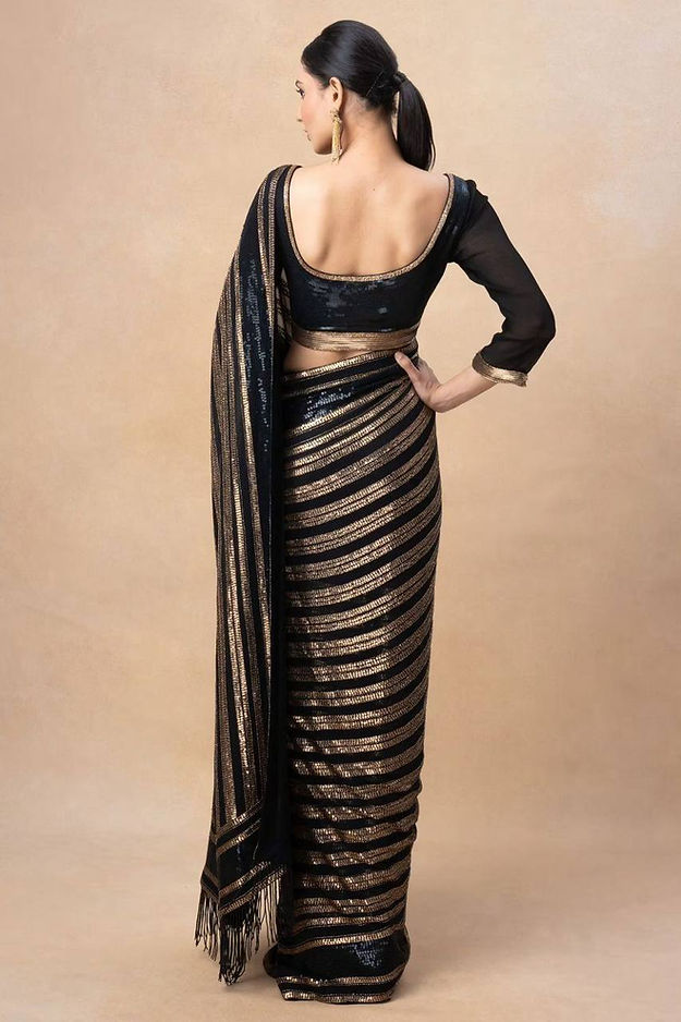 Designer One piece Black colored Silk kanchivaram saree for party wear collection