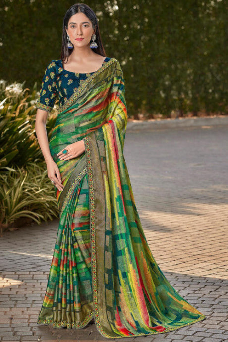 Woven Striped Chiffon Brasso Saree with Contrast Border for festival