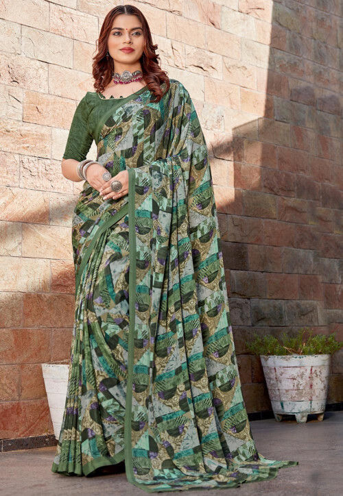 Bollywood Style Khadi Cotton Designer Saree with green printed saree