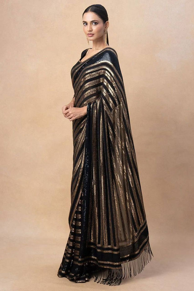 Designer One piece Black colored Silk kanchivaram saree for party wear collection