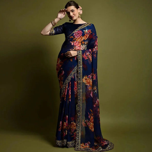 Engrossing Blue Color Pure Soft printed saree for woven