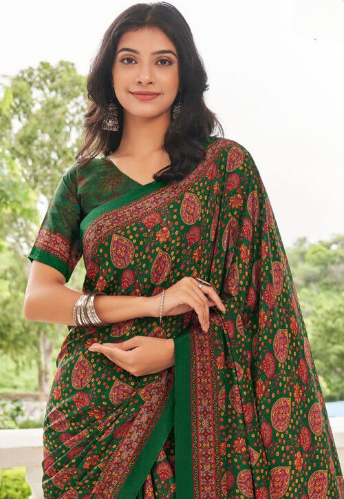 Printed Emerald Green Pure Crepe Festival Traditional saree for woven