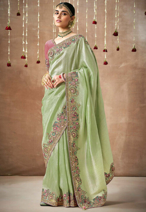 Embroidered Organza Saree With Contrast Embroidered work For Bridal Wedding Wear Stylish Sari