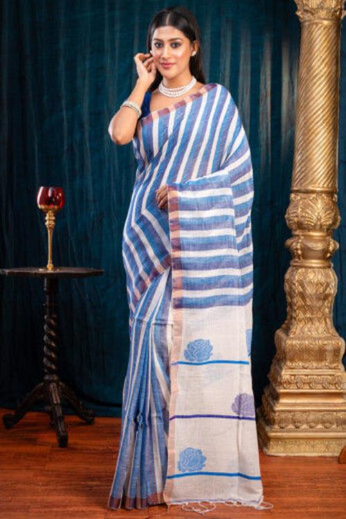 stripe pure Handloom Linen Saree - Boveee saree with Handicrafts Hand Block Printed