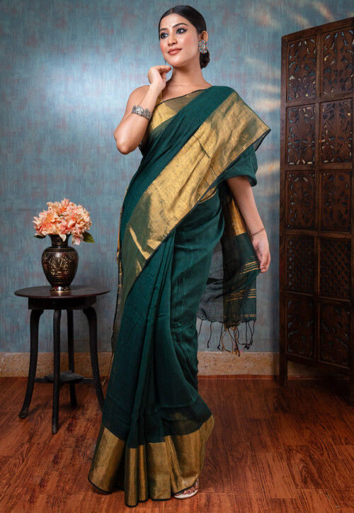 Captivating rama Colored  Designer Cotton soft Silk Sari