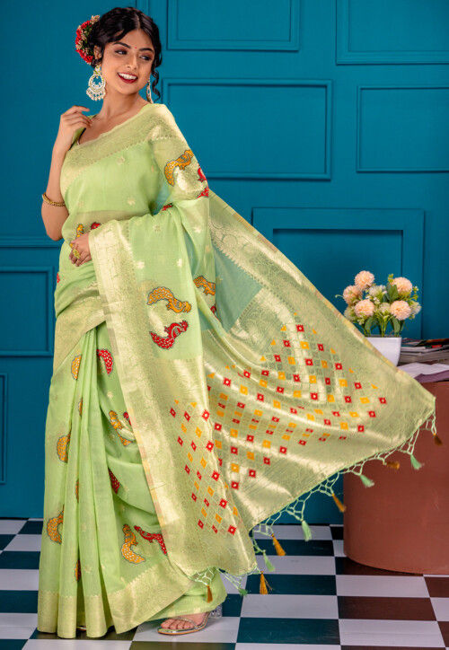 Banarasi Style Art Silk Saree With Blouse in Light Green for Woven style