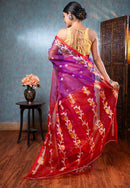 Women's Purple Pure Muslin Silk Saree With Red Border for wedding wear