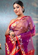 Women's Purple Pure Muslin Silk Saree With Red Border for wedding wear