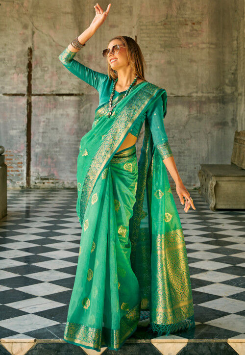 Brilliant Lichi green Color Linen Designer Hand Weaving Saree for woven