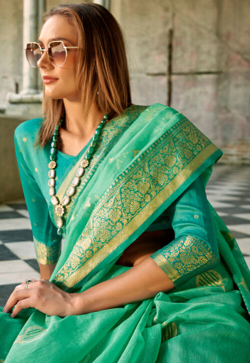 Brilliant Lichi green Color Linen Designer Hand Weaving Saree for woven