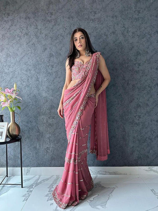 Designer One piece Baby Pink colored Silk Printed Saree