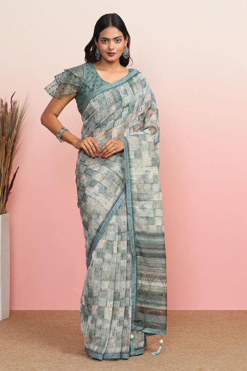 Embroidered Cotton Blend Saree with Contrast Border for wedding wear