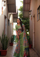 kalamkari printed Silk saree with Printed Pistachio heavy work for woven