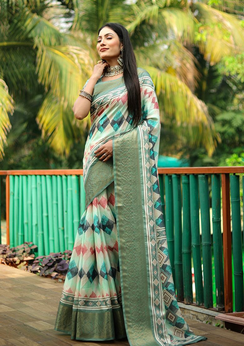 Abstract Print Paithani Silk Saree with Geometric digital printed work for woven