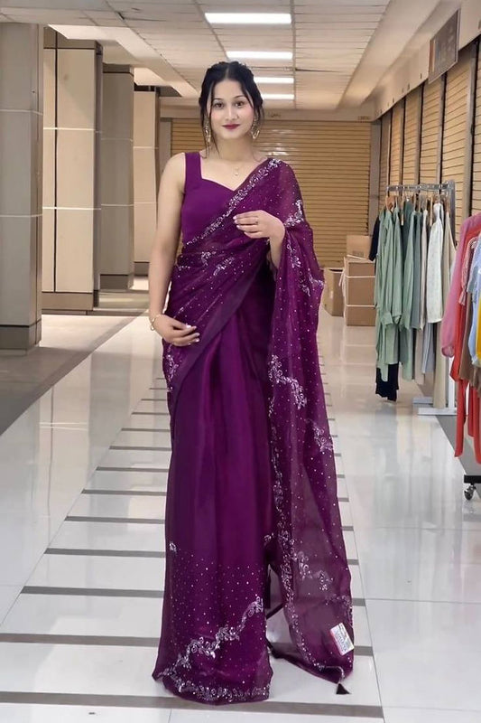 Desiring Purple Color Linen Digital Printed Designer Saree collection for girls