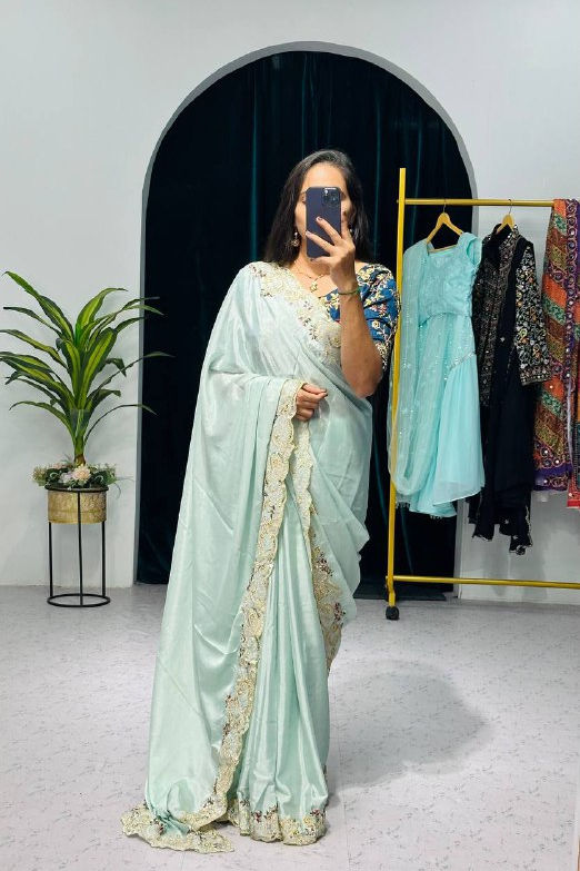 Designer Light Green Color Heavy Embroidery Regularly Wear Saree