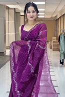 Desiring Purple Color Linen Digital Printed Designer Saree collection for girls