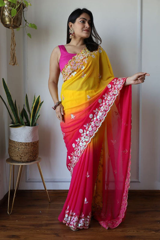 Divine Yellow Colored Golden Flower Gota Machine Weaving Soft Silk Sari