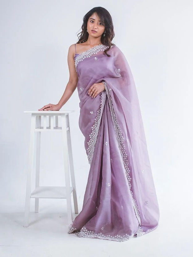 Designer One piece Light Purple Colored Silk Fancy Saree