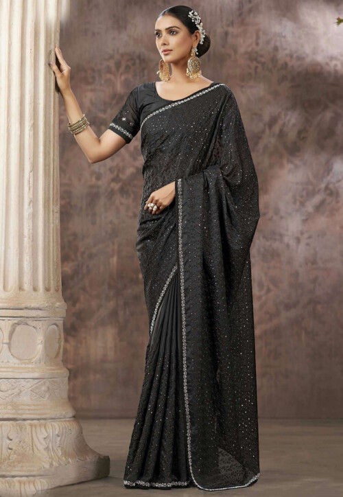 Satin Georgette Siroski work Saree with  Exclusive Jarkan Stone Work for Party Wear