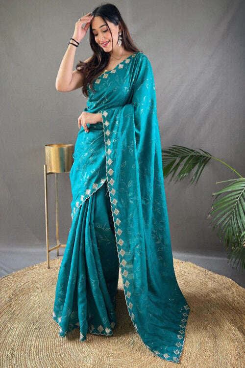 Pure Banarasi Silk Peacock Blue Resham Embroidered Light Weight Saree for partywear