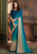 Blue And Golden Border Hand Work Soft DIGITAL PRINTED SAREE