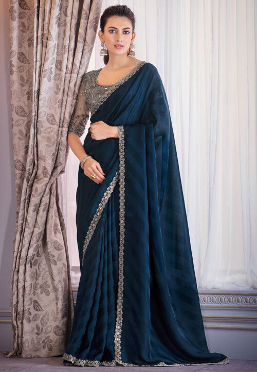 Silk Designer Tissue Crush satin organza saree with Embroidered Border Chiffon Saree