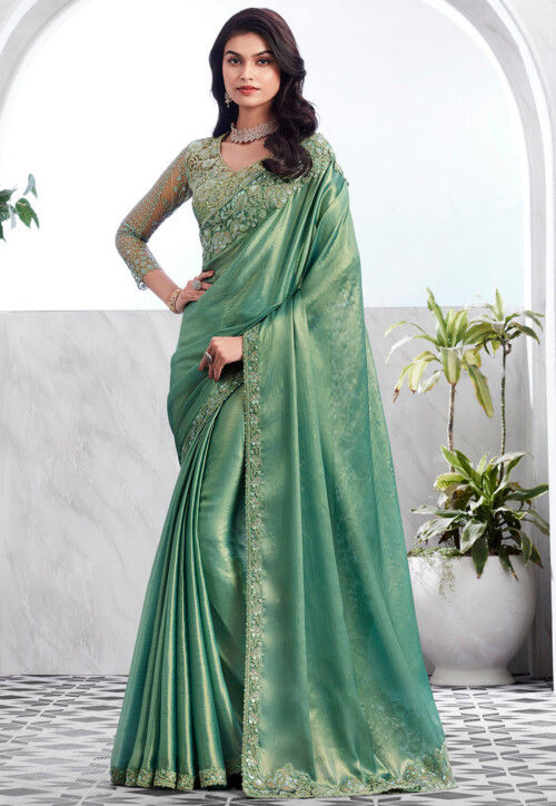 Pure Embroidered Satin Georgette Handwork Saree with Bollywood Style