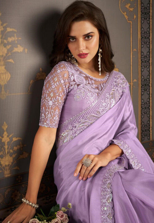 Embroidered Satin with Georgette Stone Work Saree for Casual Wear