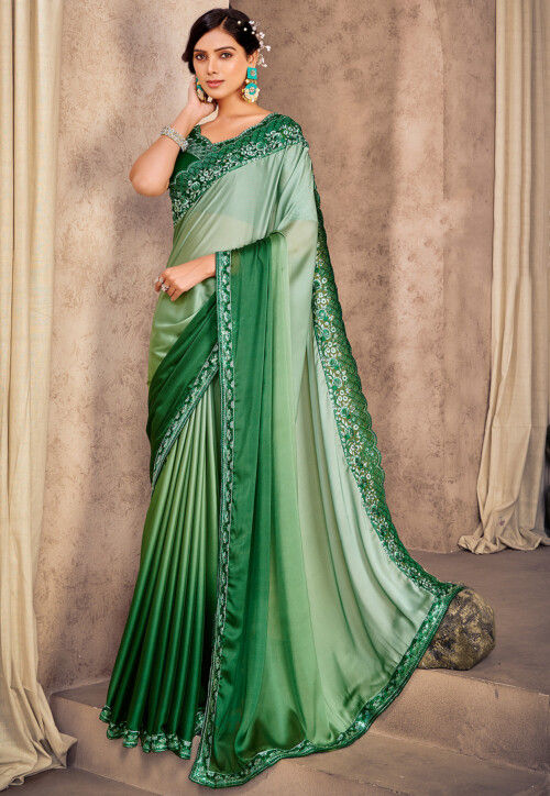 Embroidered Border solid Art Satin Silk Reception Saree with Sequence work