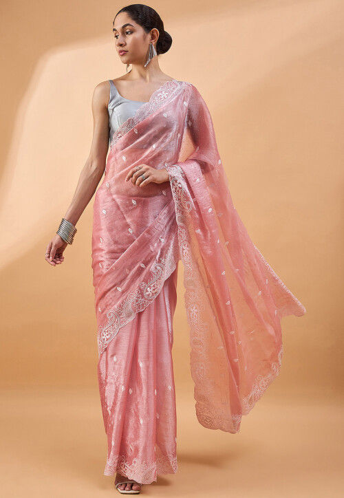 Floral Embroidered Chiffon Shimmer Saree with Lycra silk thread border