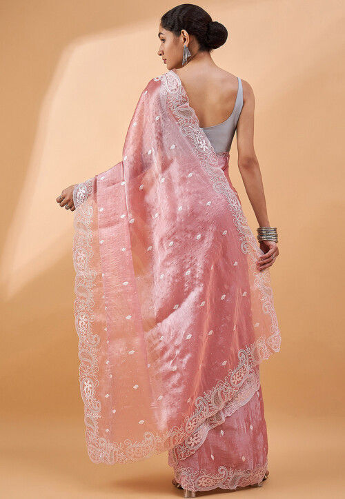 Floral Embroidered Chiffon Shimmer Saree with Lycra silk thread border