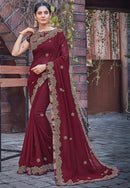 Embroidered Work On Georgette Silk Fabric Saree In Maroon Festival Classic for woven