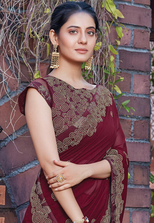 Embroidered Work On Georgette Silk Fabric Saree In Maroon Festival Classic for woven